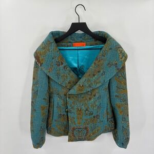 Moksha Blue Floral Pattern Wool Blend Shawl Collar Jacket Womens Small